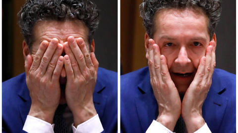 Una fotografía combina dos imagenes del ministro holandés de Hacienda y presidente del Eurogrupo, Jeroen Dijsselbloem, durante una reunión de ministros de finanzas de la eurozona en Bruselas. REUTERS / Yves Herman Una fotografía combina dos imagenes del ministro holandés de Hacienda y presidente del Eurogrupo, Jeroen Dijsselbloem, durante una reunión de ministros de finanzas de la eurozona en Bruselas. REUTERS / Yves Herman