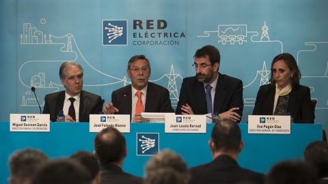 El presidente de REE, José Folgado, y el CEO de la empresa, Juan Lasala, en la rueda de prensa previa a la junta de accionistas de la eléctrica. El presidente de REE, José Folgado, y el CEO de la empresa, Juan Lasala, en la rueda de prensa previa a la junta de accionistas de la eléctrica.