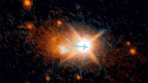 Imagen de la galaxia 3C 186. El aspa marca su centro y lo que brilla a la derecha es el cuásar que esconde un agujero negro supermasivo.- NASA'S GODDARD SPACE FLIGHT CENTER Imagen de la galaxia 3C 186. El aspa marca su centro y lo que brilla a la derecha es el cuásar que esconde un agujero negro supermasivo.- NASA'S GODDARD SPACE FLIGHT CENTER