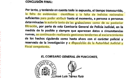 Informe de la Policia Judicial a la Comisión de Investigación: la conclusión de la Policía Judicial es que carece de "evidencias científicas e indicios racionales" para atribuir la autoría de las grabaciones y de su filtración. Informe de la Policia Judicial a la Comisión de Investigación: la conclusión de la Policía Judicial es que carece de "evidencias científicas e indicios racionales" para atribuir la autoría de las grabaciones y de su filtración.