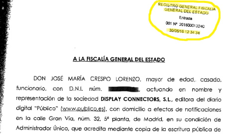 Informe de la Policia Judicial a la Comisión de Investigación: encabezado del escrito de 'Público' de entrega de las grabaciones a la Fiscalía General del Estado, con fecha 30/06/16. Informe de la Policia Judicial a la Comisión de Investigación: encabezado del escrito de 'Público' de entrega de las grabaciones a la Fiscalía General del Estado, con fecha 30/06/16.