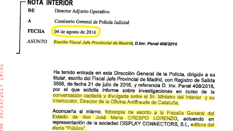 Informe de la Policia Judicial a la Comisión de Investigación: nota del DAO constatando la entrada del escrito del fiscal jefe provincial de Madrid que incluye fotocopia del escrito de entrega por 'Público' de las grabaciones íntegras. Informe de la Policia Judicial a la Comisión de Investigación: nota del DAO constatando la entrada del escrito del fiscal jefe provincial de Madrid que incluye fotocopia del escrito de entrega por 'Público' de las grabaciones íntegras.