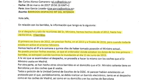 Informe de la Policia Judicial a la Comisión de Investigación: mensaje de la Jefatura de Sistemas Especiales sobre los barridos del despacho del ministro del Interior de 2012 a 2016. Informe de la Policia Judicial a la Comisión de Investigación: mensaje de la Jefatura de Sistemas Especiales sobre los barridos del despacho del ministro del Interior de 2012 a 2016.