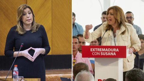 En la primera imagen, Susana Díaz en su intervención en el Parlamento andaluz y en la otra, en un mitin en Extremadura / EFE En la primera imagen, Susana Díaz en su intervención en el Parlamento andaluz y en la otra, en un mitin en Extremadura / EFE