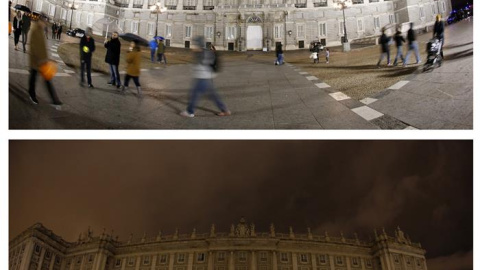 Imágenes del Palacio Real de Madrid antes y durante la Hora del Planeta.EFE/Javier Lizón