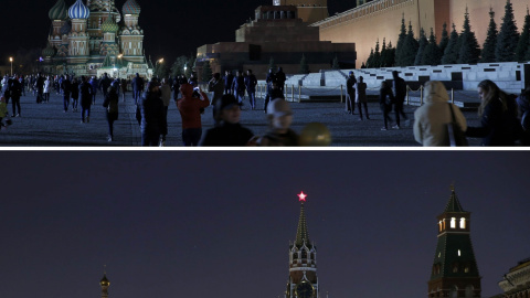 El Kremlin y la Catedral de San Basilio, en Moscú, totalmente apagadas. REUTERS/Maxim Shemetov