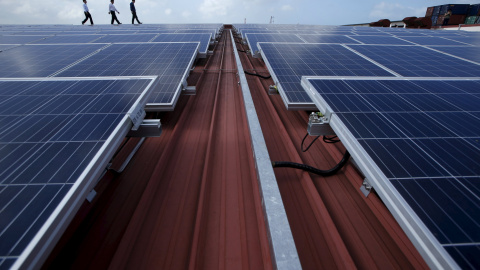 Caminando entre placas solares en Singapur, China. REUTERS/Edgar Su