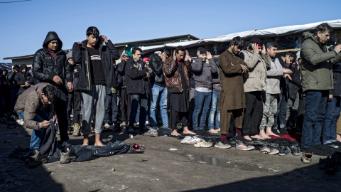 Un grupo de inmigrantes musulmanes reza durante el desmantelamiento del campo de refugiados, conocido como "La Jungla", en Calais, Francia.- EFE