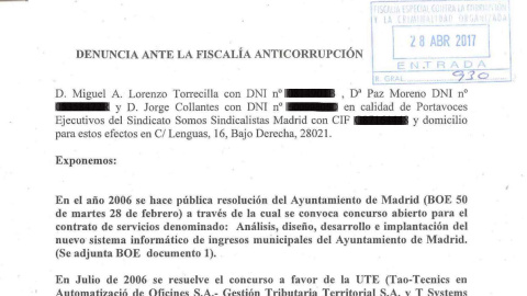 Encabezado de la denuncia ante la Fiscalía Anticorrupción presentada por los portavoces del sindicato Somos Sindicalistas Madrid por las posibles irregularidades de las subcontratas del programa informático +TIL. Encabezado de la denuncia ante la Fiscalía Anticorrupción presentada por los portavoces del sindicato Somos Sindicalistas Madrid por las posibles irregularidades de las subcontratas del programa informático +TIL.