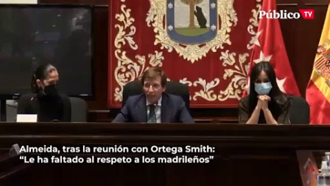 Almeida, tras su reunión con Ortega Smith para hablar de los presupuestos: "Le ha faltado al respeto a los madrileños. Para eso que no venga" Almeida, tras su reunión con Ortega Smith para hablar de los presupuestos: "Le ha faltado al respeto a los madrileños. Para eso que no venga"