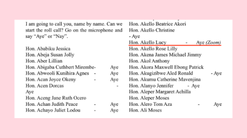 28/11/2024 Diario de sesiones del Parlamento de Uganda. Subrayado en rojo, el voto favorable de Lucy Akello a le ley antihomosexualidad. 28/11/2024 Diario de sesiones del Parlamento de Uganda. Subrayado en rojo, el voto favorable de Lucy Akello a le ley antihomosexualidad.