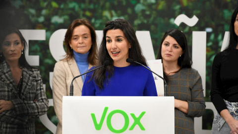 20/11/2019.- La portavoz de Vox en el Parlamento madrileño, Rocío Monasterio, durante la rueda de prensa. / EFE - VÍCTOR LERENA