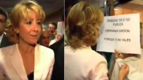 Dos imágenes del momento en el que Esperanza Aguirre se burló de las sanitarias madrileñas que protestaban por los recortes de la Sanidad pública que hizo la 'lideresa'.