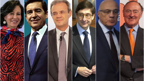 De izq. a der., los presidentes de los seis bancos del Ibex 35: Ana Botín (Santander), Carlos Torres (BBVA), Jordi Gual (Caixabank), José Ignacio Goirigolzarri (Bankia), Josep Oliú (Sabadell) y Pedro Guerrero (Bankinter). EFE/E.P./REUTERS
