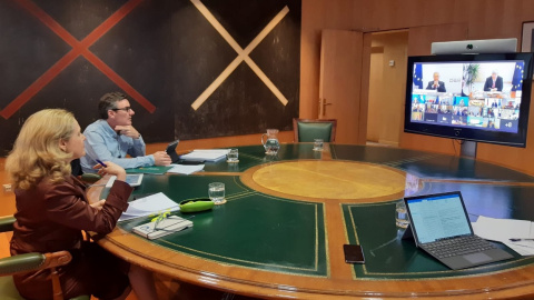 La vicepresidenta de Asuntos Económicos, Nadia Calviño, durante la reunión del Eurogrupo, por videoconferencia.