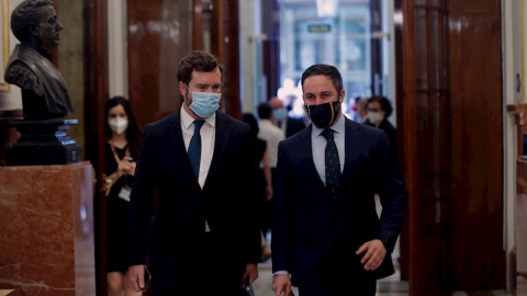 El líder de Vox, Santiago Abascal, y el diputado de la formación Iván Espinosa de los Monteros, a su llegada este miércoles al pleno del Congreso. - EFE/ Emilio Naranjo