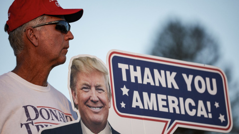 Un partidario del presidente de Estados Unidos, Donald Trump, lo ve hablar durante un mitin de reelección en Pro-Star Aviation. /Europa Press