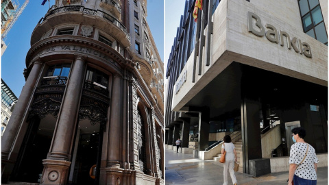 Las actuales sedes en Valencia de Caixabank y de Bankia, ambas en la calle Pintor Sorolla. EFE/REUTERS