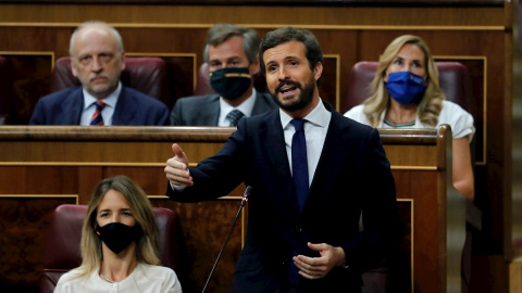 El líder del PP, Pablo Casado, participa en una sesión del pleno del Congreso de los Diputados. - EFE/Chema Moya