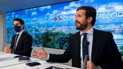 El presidente del PP, Pablo Casado, preside este lunes el Comité de dirección del partido celebrado en la sede de la calle Génova. EFE/PP/David Mudarra