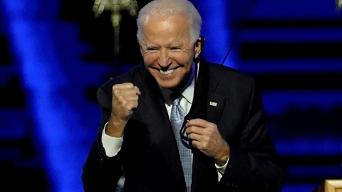 Joe Biden en Delaware celebra que los medios le dan como presidente de EEUU.