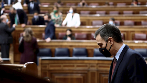 El presidente del Gobierno,Pedro Sánchez durante el debate de la moción de censura presentada por Vox contra el gobierno de coalición, este miércoles en el Congreso de los Diputados. EFE/Mariscal