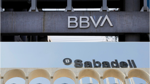 Los logos de BBVA y Banco Sabadell, en sus respectivas sedes en la zona norte de Madrid y en Alicante.