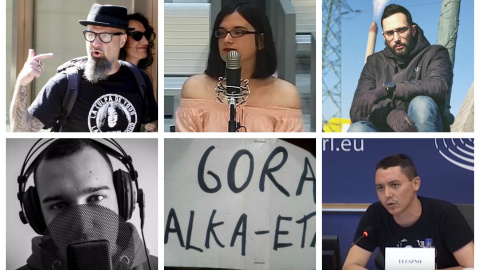 De izquierda a derecha y arriba abajo: César Strawberry, Cassandra Vera, Valtònyc, Saúl, pancartas de los titiriteros, e Iván
