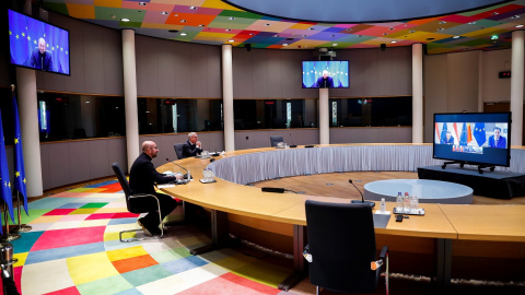 El presidente del Consejo Europeo, Charles Michel, durante una videoconferencia con varios líderes europeos, previa a la cumbre de la UE. REUTERS/Francisco Seco/Pool