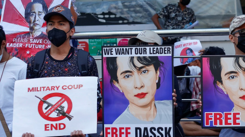 Imagen de una de las protestas en Rangún, Myanmar.