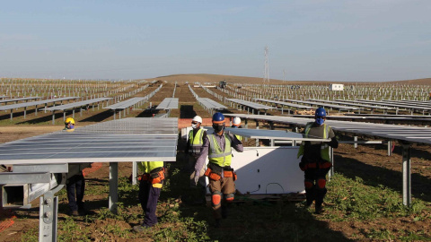 Trabajos de construcción de una planta fotovoltaica en Andalucía.