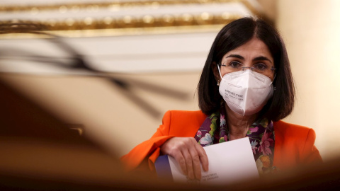 La ministra de Sanidad, Carolina Darias, durante su comparecencia este martes ante la Comisión de Sanidad y Consumo del Senado, para explicar sus proyecto al frente del Departamento.