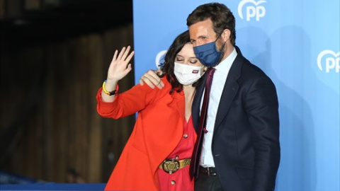 La presidenta de la Comunidad de Madrid y candidata a la reelección por el PP, Isabel Díaz Ayuso; y el líder del PP, Pablo Casado, saludan para celebrar los primeros sondeos en la sede del partido durante la jornada electoral, a 4 de mayo d