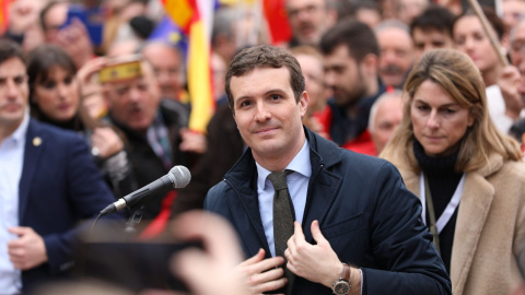 El presidente del PP, Pablo Casado, en la concentración de la plaza de Colón celebrada en febrero de 2019.