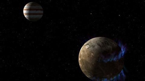 Luna Ganímedes mientras orbita el planeta gigante Júpiter. Telescopio espacial Hubble de la NASA.