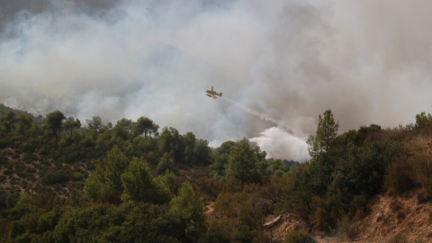 Un hidroavió durant les tasques d'extinció de l'incendi de la Pobla de Massaluca, a la Terra Alta.