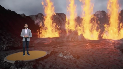 El presentador de 'Una hora menos' Victorio Pérez, durante una de las explicaciones sobre el volcán de La Palma con realidad virtual y aumentada. Captura de imagen del vídeo publicado en Youtube por Televisión Canaria sobre la explosividad