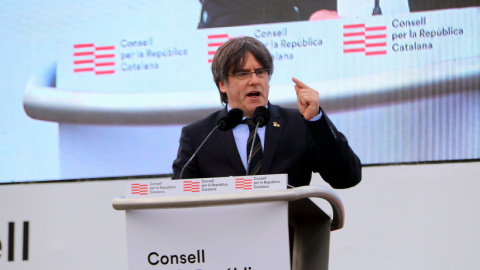 L'expresident Carles Puigdemont durant el seu discurs a l'acte del Consell per la República a Perpinyà. Imatge del 29 de febrer del 2020.