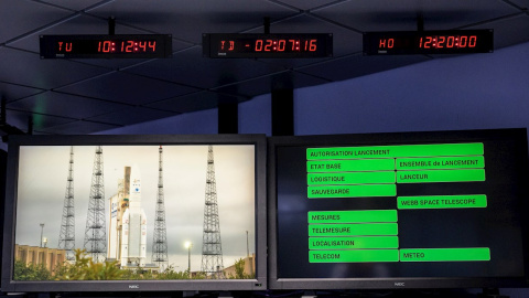 Monitores en la Guayana Francesa que muestran el cohete Ariane 5 de Arianespace antes de su lanzamiento.