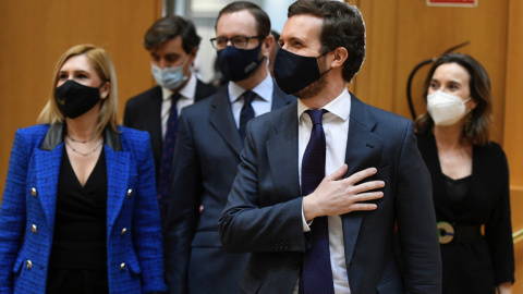 El presidente del Partido Popular, Pablo Casado a su llegada para presidir la reunión de los grupos parlamentarios del Congreso y el Senado este martes en Madrid