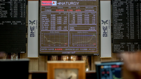 La marcha de la cotización de las acciones de Naturgy en el panel informativo de la Bolsa de Madrid (finalmente se dejó un 11.94%), al día siguiente de anunciar el plan de segregación de la empresa en dos compañías cotizadas. E.P./Ricardo