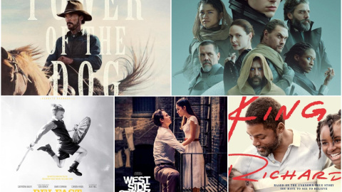 16/03/2022 - De izquierda a derecha y de arriba a abajo, carteles de las películas 'El poder del perro', 'Dune', 'Belfast', 'West Side Story' y 'El método Williams', favoritas para los Premios Oscars 2022.