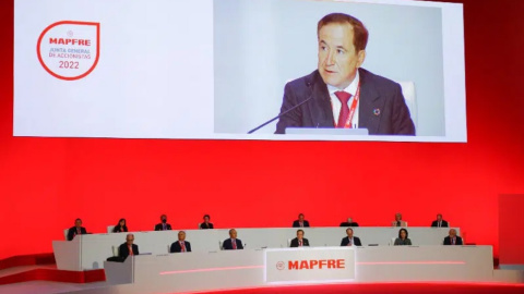 El presidente de Mapfre, Antonio Huertas, durante su intervención en la junta de accionistas de la aseguradora.