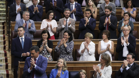 El presidente del Gobierno, Pedro Sánchez (i), durante la segunda jornada del debate sobre el Estado de la Nación este miércoles 13 de julio de 2022 en el Congreso.