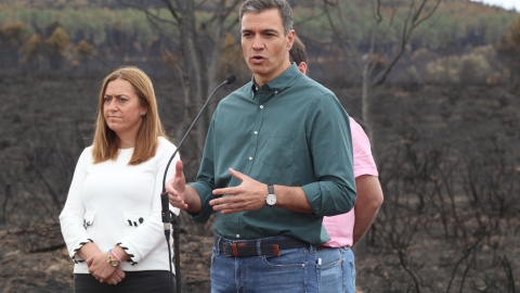 Pedro Sánchez interviene durante su visita a las zonas afectadas por el incendio forestal declarado el pasado 15 de junio en la Sierra de la Culebra (Zamora).