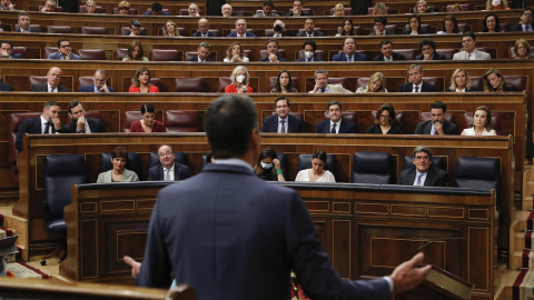18/05/2022.- El jefe del Ejecutivo, Pedro Sánchez, interviene en la sesión de control al Gobierno celebrada este miércoles en el Congreso. EFE/Juan Carlos Hidalgo