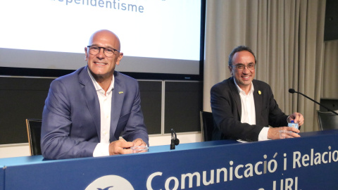 02/09/2022 - Els exconsellers Raül Romeva i Josep Rull en la roda de premsa d'aquest divendres per valorar el dictamen del Consell de Drets Humans de l'ONU.