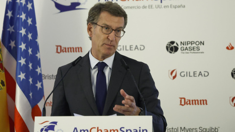 El presidente del Partido Popular, Alberto Núñez Feijóo, interviene en un almuerzo organizado por la Cámara de Comercio de Estados Unidos en España este 28 de septiembre de 2022.