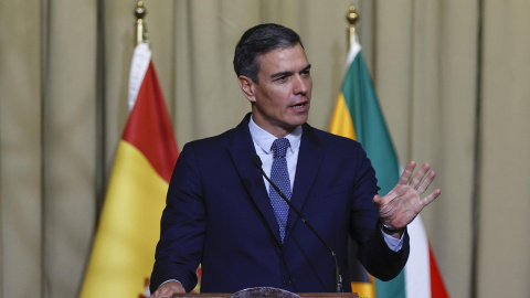 El presidente del Gobierno, Pedro Sánchez, durante la rueda de prensa conjunta con el presidente de Sudáfrica celebrada el pasado jueves en Pretoria.