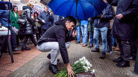 Iñigo Pascual Ramos, el hijo de Ángel Pascual Múgica, ingeniero de la central nuclear de Lemoiz asesinado por ETA en 1982, acaricia la placa colocada en recuerdo de su padre siendo esta la primera en recuerdo de una víctima del terrorismo q